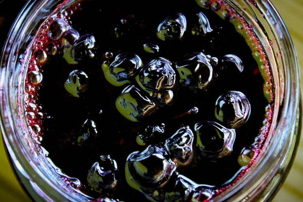 Chokeberry Berry Jam Glass Jar Small Bubbles Edges Jar Zavidovici — Stock Photo, Image