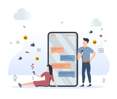 Online flört ve iletişim uygulaması konsepti. Sanal ilişki ve arkadaşlık. İnsanlar arasında akıllı telefondan iletişim kuruluyor. Düz biçim vektör illüstrasyonu