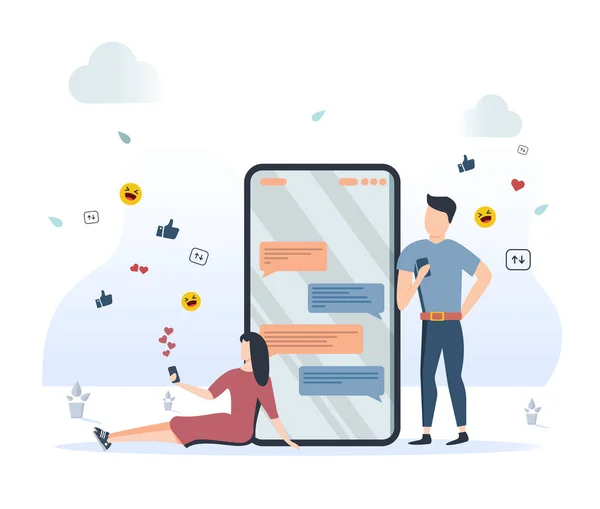 Concepto de aplicación de citas y comunicación en línea. Relación virtual y amistad. Comunicación entre personas a través de la red en el smartphone. Ilustración de vector de estilo plano — Archivo Imágenes Vectoriales