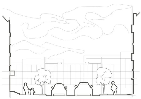 Lineare Architektonische Panorama Skizze Abstrakter Straßenabschnitt — Stockvektor