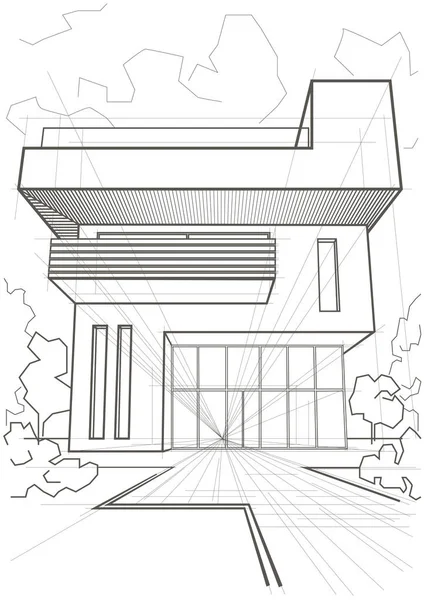 Lineare Architektonische Skizze Modernes Ferienhaus — Stockvektor