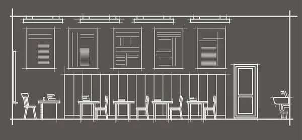 Bosquejo Arquitectónico Lineal Vista Frontal Del Aula Interior Sobre Fondo — Vector de stock