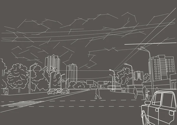 灰色背景上的线性建筑草图城镇街道 — 图库矢量图片