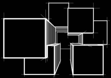 siyah arka plan üzerinde soyut mimari çizim küpleri