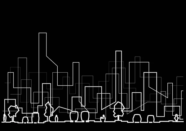 线性建筑全景素描抽象街道部分剪影黑色背景 — 图库矢量图片