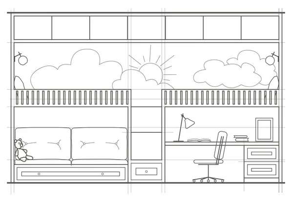 Architektonische Skizze Interieur Modern Kinderzimmer Frontansicht — Stockvektor