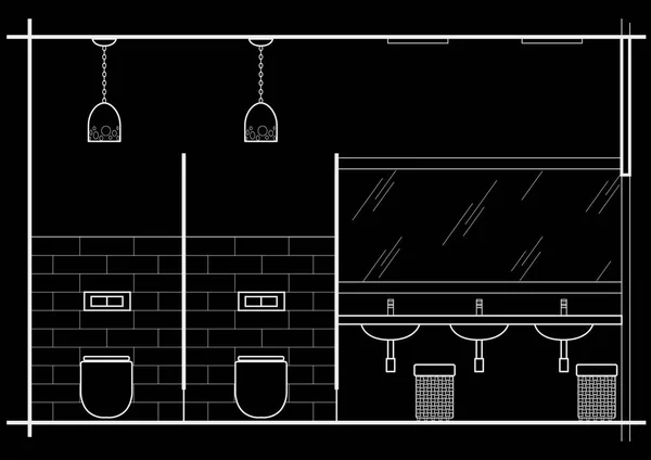 Architecturale Lineaire Schets Interieur Vooraanzicht Zwarte Achtergrond — Stockvector