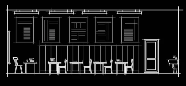 Bosquejo Arquitectónico Lineal Vista Frontal Del Aula Interior Sobre Fondo — Archivo Imágenes Vectoriales