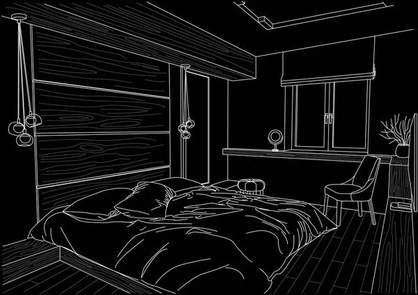 Lineare Architektonische Skizze Eines Stilvollen Schlafzimmers Auf Schwarzem Hintergrund — Stockvektor