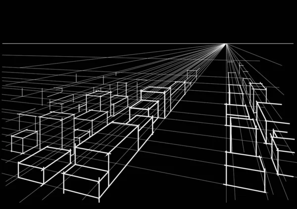 Abstraktní Lineární Architektonické Skici Městské Krajiny Pohled Černém Pozadí — Stockový vektor