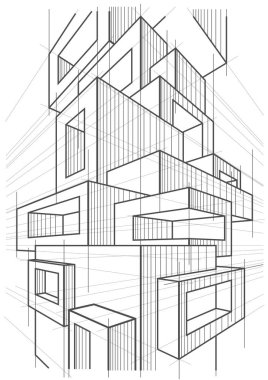 soyut çok katlı modern binanın soyut doğrusal mimari kroki