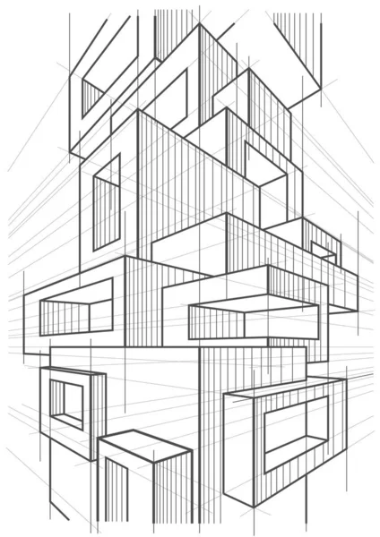 Abstrakte Lineare Architektonische Skizze Eines Abstrakten Mehrstöckigen Modernen Gebäudes — Stockvektor