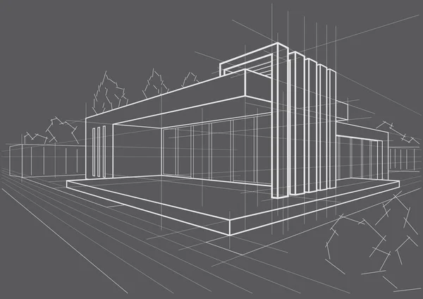 Abstrakte Architektonische Lineare Skizze Modernes Ferienhaus Auf Grauem Hintergrund — Stockvektor