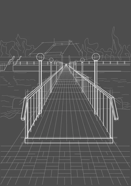 Linear Architectural Sketch Bridge River Gray Background — Stock Vector