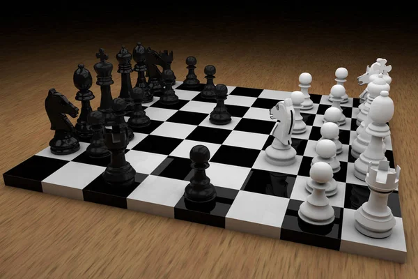 Chess board with figures modeled in 3d — Stock Photo, Image