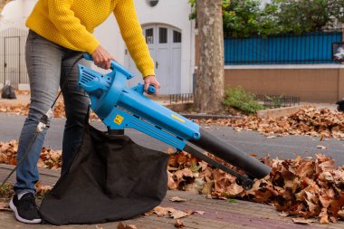 Patlayan ve süpürge yaprakları olan tanınmaz bir insan. sonbahar yapraklarını temizlemek