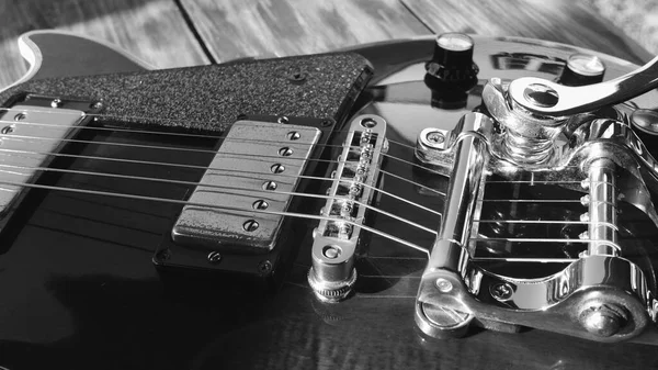 Guitarra Eléctrica Las Tablas Madera Con Espacio Copia Blanco Negro —  Fotos de Stock