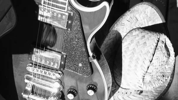 Guitarra Eléctrica Las Tablas Madera Con Espacio Copia Blanco Negro —  Fotos de Stock