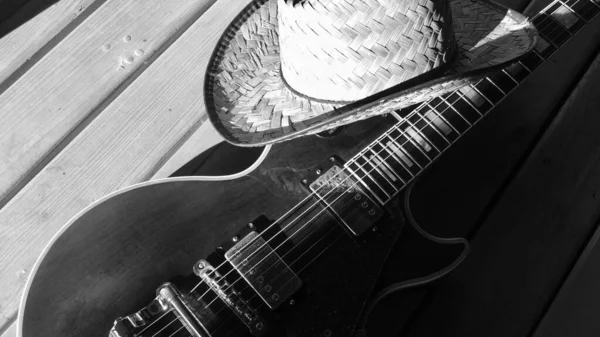 Guitarra Eléctrica Las Tablas Madera Con Espacio Copia Blanco Negro —  Fotos de Stock