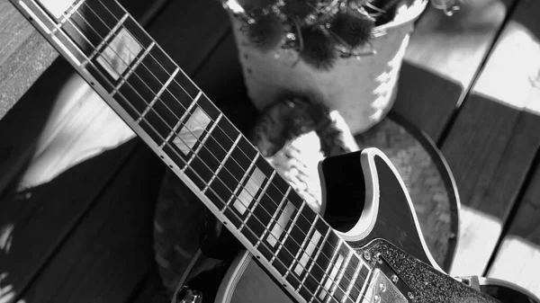 Guitarra Elétrica Nas Placas Madeira Preto Branco — Fotografia de Stock