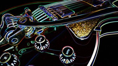 Elektro gitar. Kopya alanı olan neon boya. Koyu arkaplan