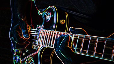 Elektro gitar. Kopya alanı olan neon boya. Koyu arkaplan