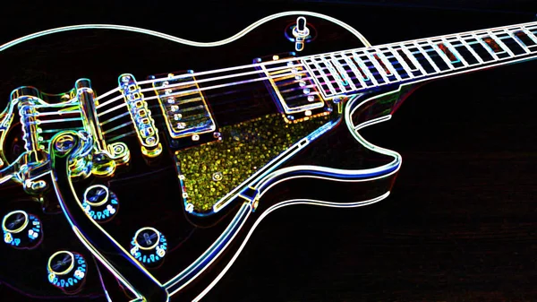 Elektro gitar. Kopya alanı olan neon boya. Koyu arkaplan