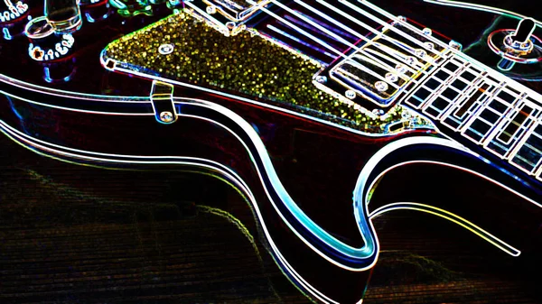 Gitara Elektryczna Neon Malowanie Miejsca Ksero Ciemne Tło — Zdjęcie stockowe