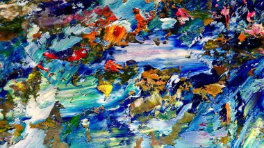 Renkli soyut arkaplan dokusu. Modern motif görsel sanat. Yağlı boya karışımı. Moda el boyama bezi. Duvar dekorasyonu ve Duvar arkaplan resimleri fikri.