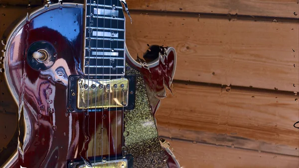 Elektrische Gitaar Houten Plank Achter Het Glas Met Waterdruppels — Stockfoto