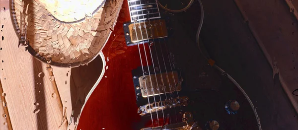 Gitara Elektryczna Drewnianej Desce Szybą Kroplami Wody — Zdjęcie stockowe
