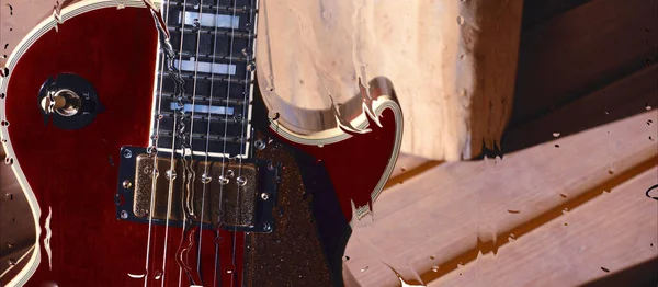 Elektrisk Guitar Træpladen Bag Glasset Med Vanddråber - Stock-foto