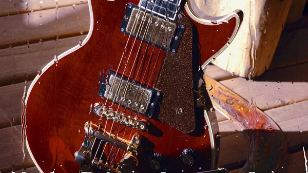 Guitarra Eléctrica Tablero Madera Detrás Del Vidrio Con Gotas Agua —  Fotos de Stock