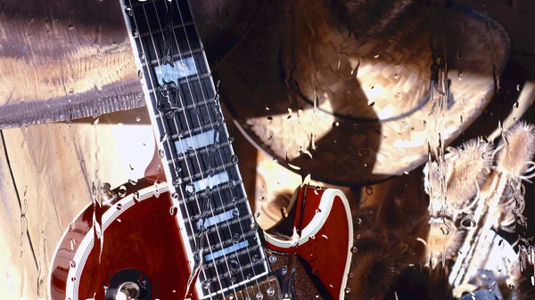 Guitarra Eléctrica Tablero Madera Detrás Del Vidrio Con Gotas Agua — Foto de Stock