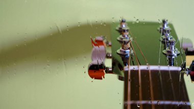 Camın arkasında su damlaları olan gitar başlığı. Renkli arka plan. Boşluğu kopyala