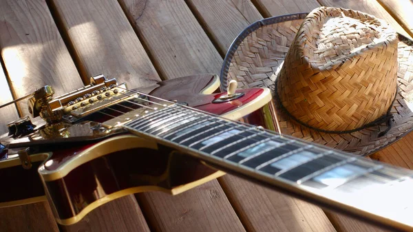 Guitarra Eléctrica Las Tablas Madera Primer Plano Espacio Copia —  Fotos de Stock