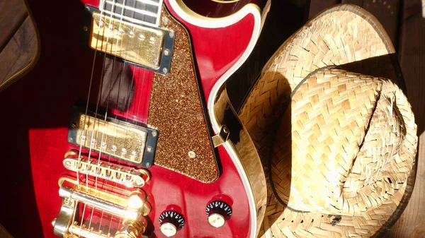 Elektrická Kytara Dřevěných Prknech Closeup Copy Space — Stock fotografie