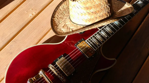 Guitarra Elétrica Nas Tábuas Madeira Fechar Espaço Cópia — Fotografia de Stock