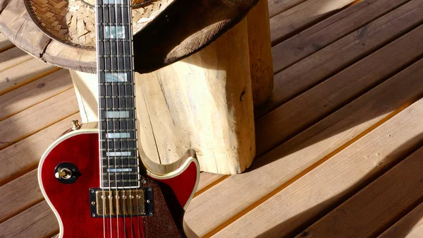 Guitarra Elétrica Nas Tábuas Madeira Fechar Espaço Cópia — Fotografia de Stock