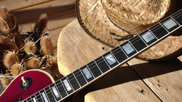 Elektrische Gitaar Houten Planken Close Kopieerruimte — Stockfoto