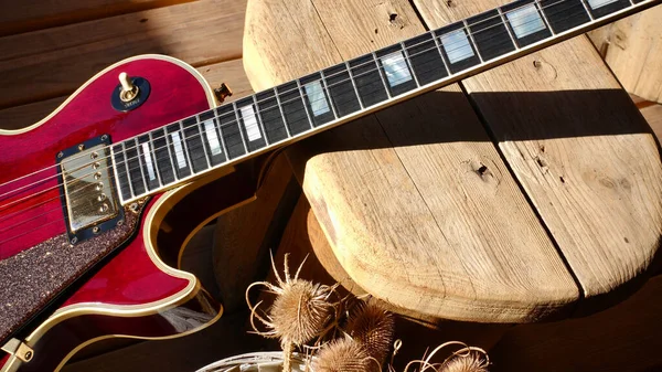 Elektrische Gitaar Houten Planken Close Kopieerruimte — Stockfoto