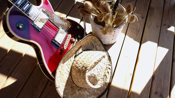 Electric Guitar Wooden Boards Closeup Copy Space — Stock Photo, Image