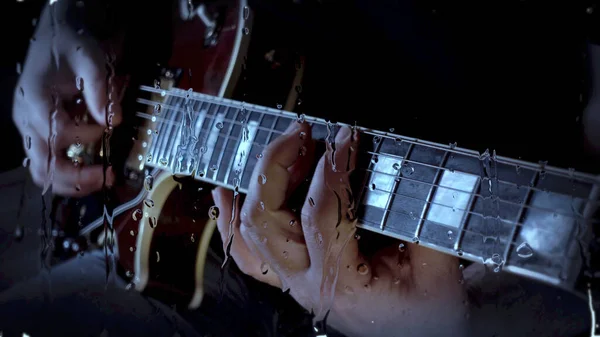 Musician Plays Guitar Studio Microphone Glass Water Drops — Stock Photo, Image