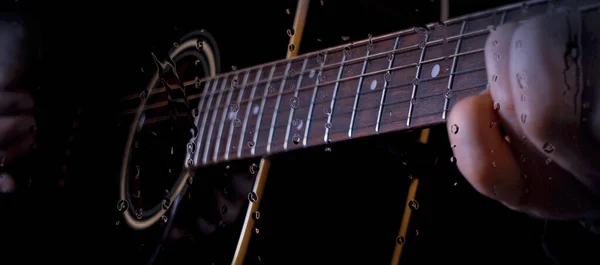 Musicien Joue Guitare Studio Près Microphone Derrière Verre Avec Des — Photo