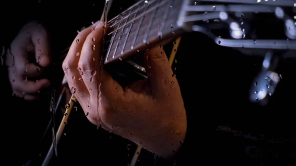 Musician Plays Guitar Studio Microphone Glass Water Drops — Stock Photo, Image