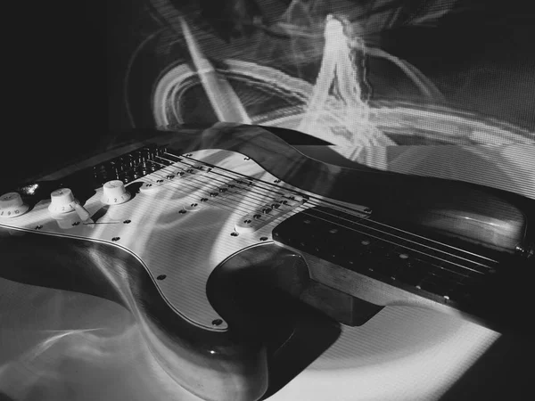 Електричний Гітара Крупним Планом Сцені Чорно Білий — стокове фото