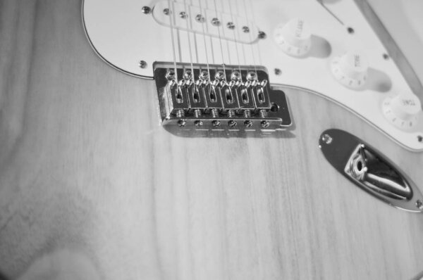 Electric guitar closeup . black and white