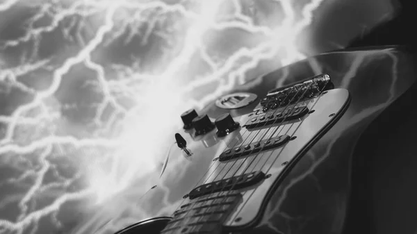 Guitare Électrique Gros Plan Dans Lumière Scène Noir Blanc — Photo