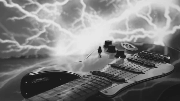 Guitare Électrique Gros Plan Dans Lumière Scène Noir Blanc — Photo