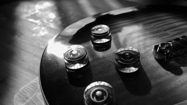 Electric guitar closeup . black and white